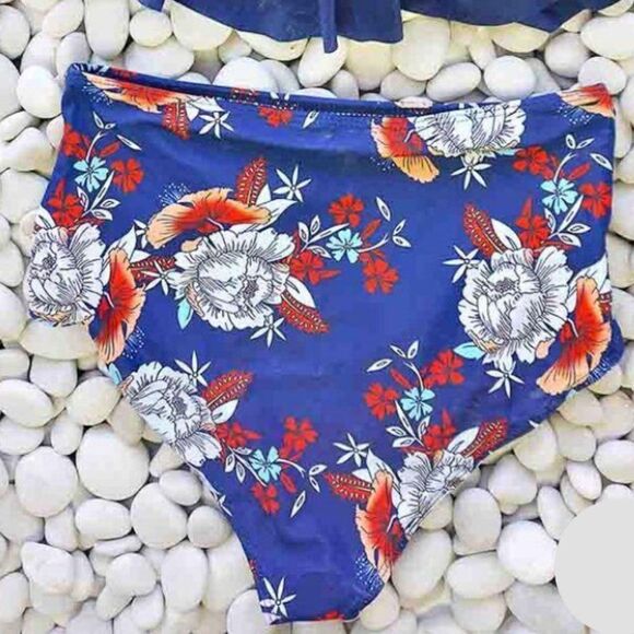 NWT: High Waist Navy & Floral Ruffle Two Piece Bikini - Picture 6 of 11